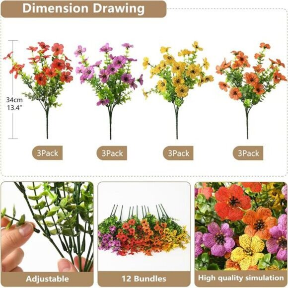 Set of 12 Outdoor Artificial Flowers UV Resistant Fake Plants for Porch Decor - Picture 3 of 7